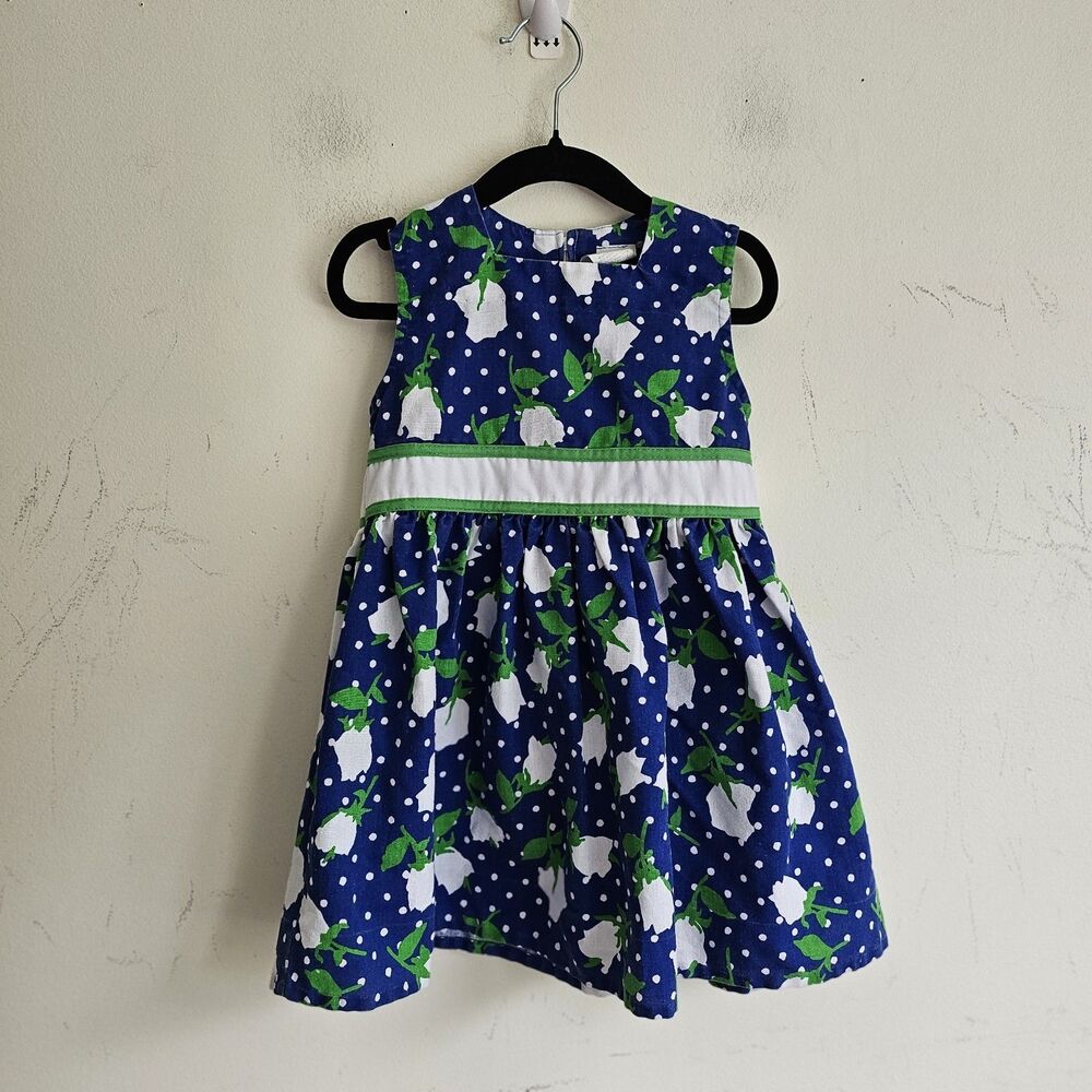 Vintage Baby Togs Blue Floral Polka Dot Dress Sleeveless Cottagecore Toddler 3T